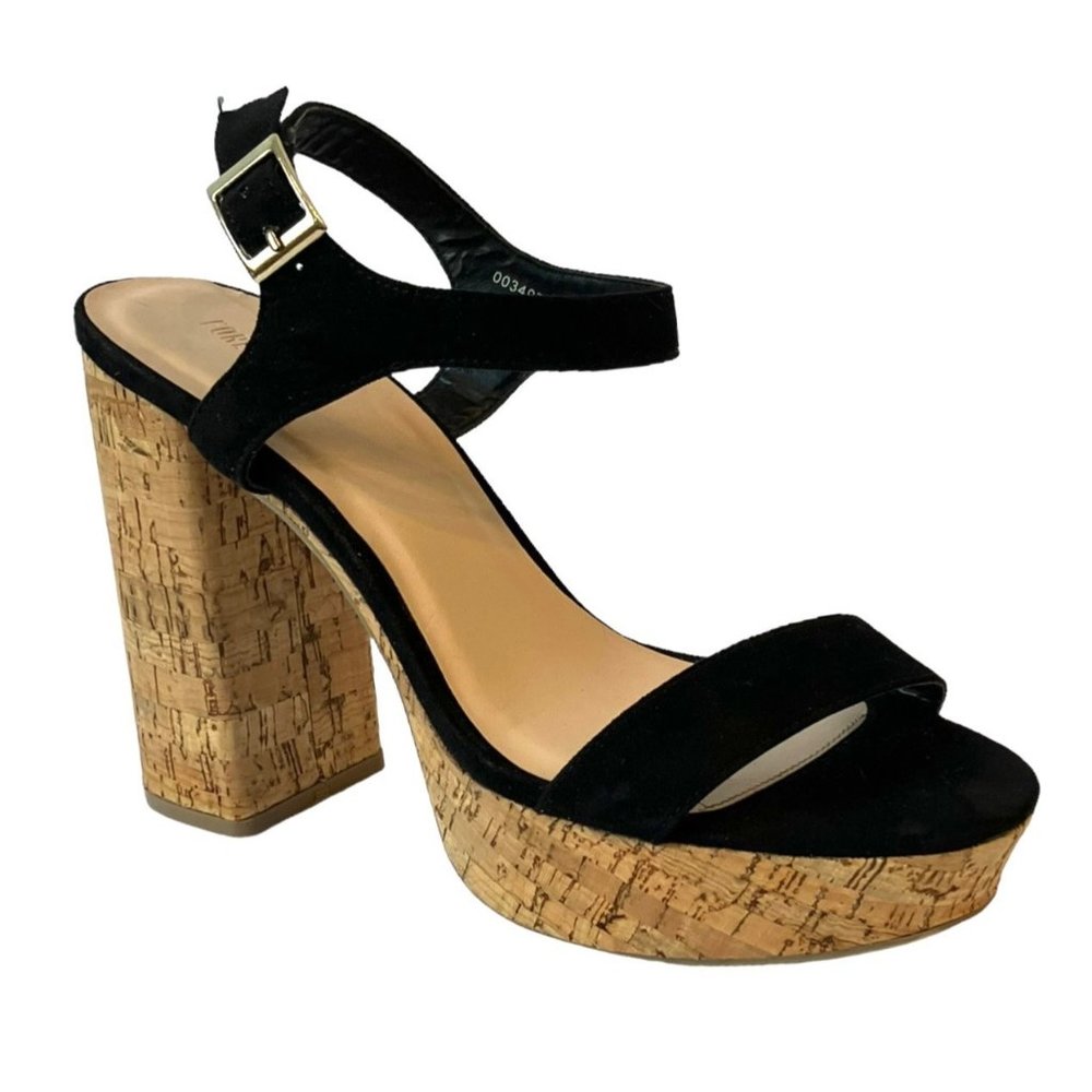 Forever 21 OPEN TOE Platform CORK BLOCK HEELS /Sandals w/ BLACK Ankle STRAP Sz 9